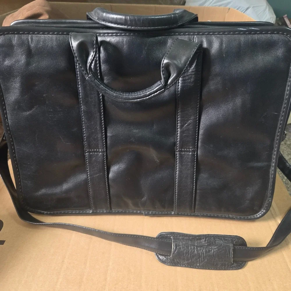 USL Black Leather Briefcase Laptop Multi-Pocket Mess. Shoulder Bag 030918741344